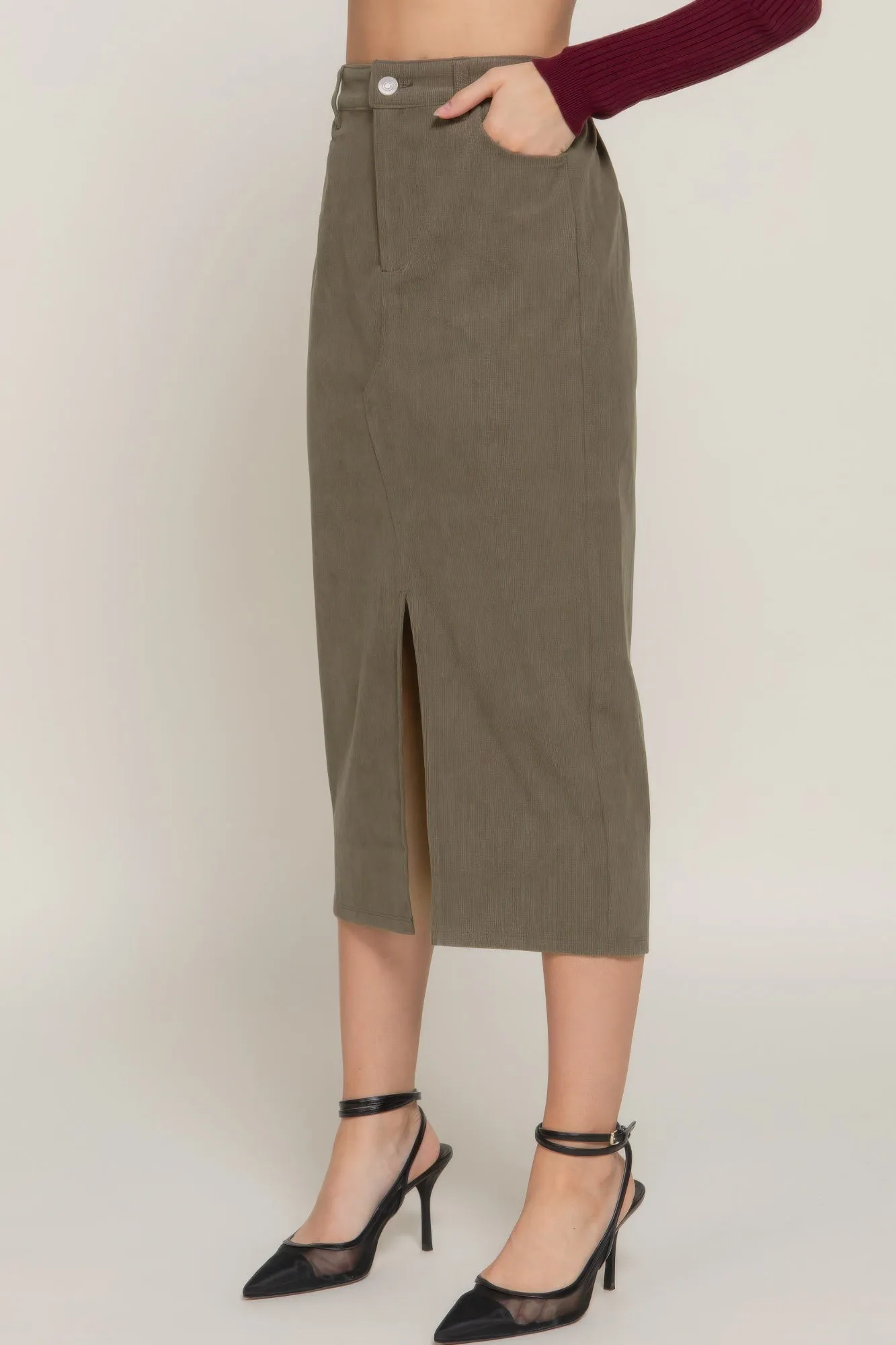 Front Open Slit Corduroy Midi Skirt in Green or Cream