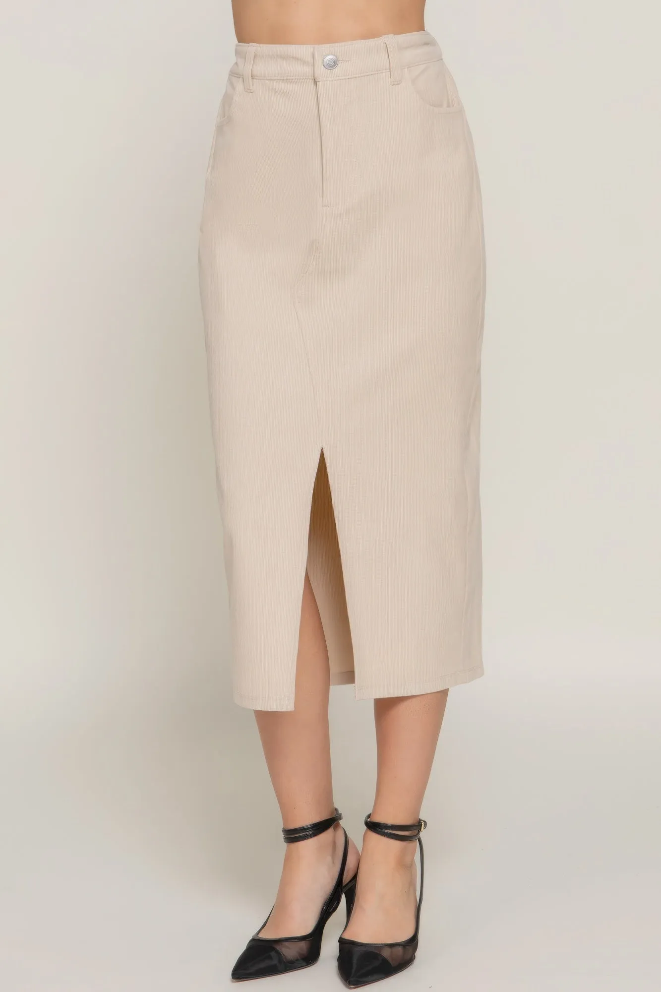 Front Open Slit Corduroy Midi Skirt in Green or Cream