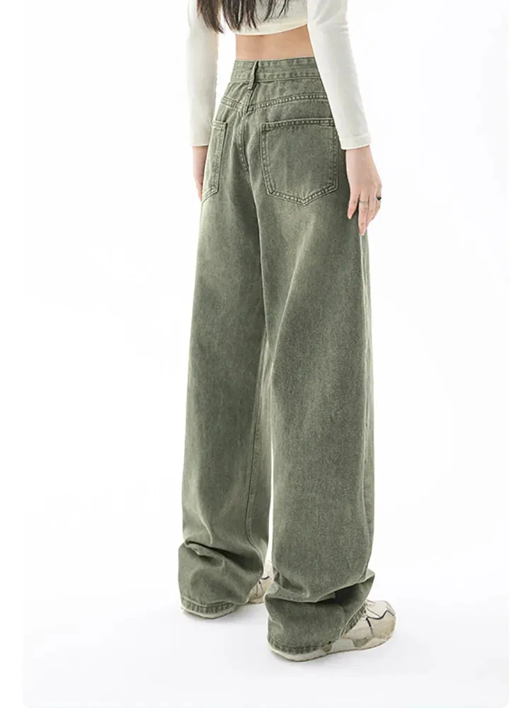 Green Y2K Casual Streetwear Wide Leg Denim Jeans for Women