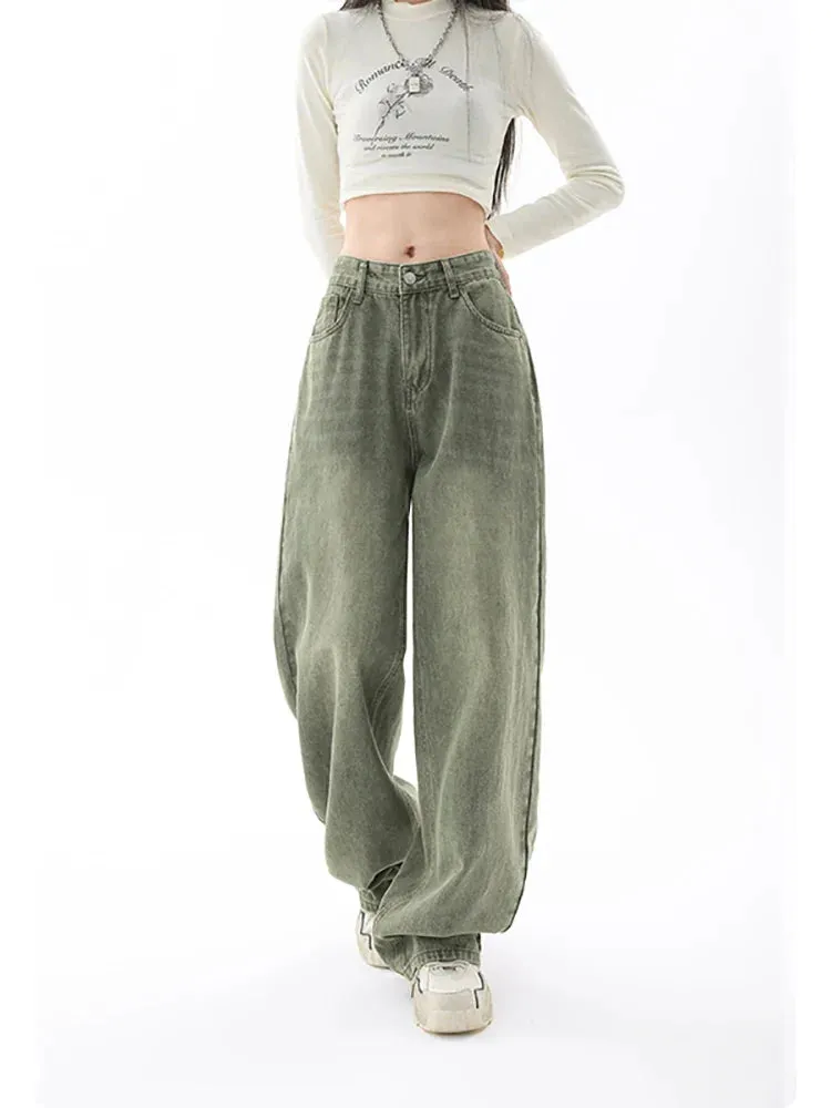 Green Y2K Casual Streetwear Wide Leg Denim Jeans for Women