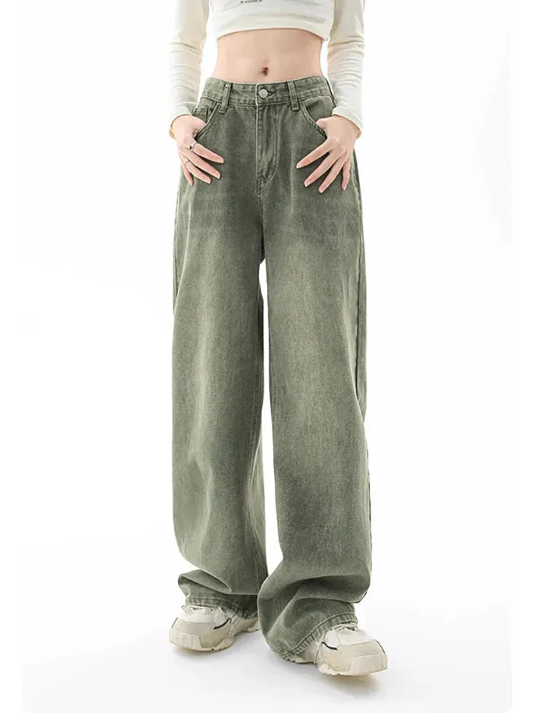 Green Y2K Casual Streetwear Wide Leg Denim Jeans for Women