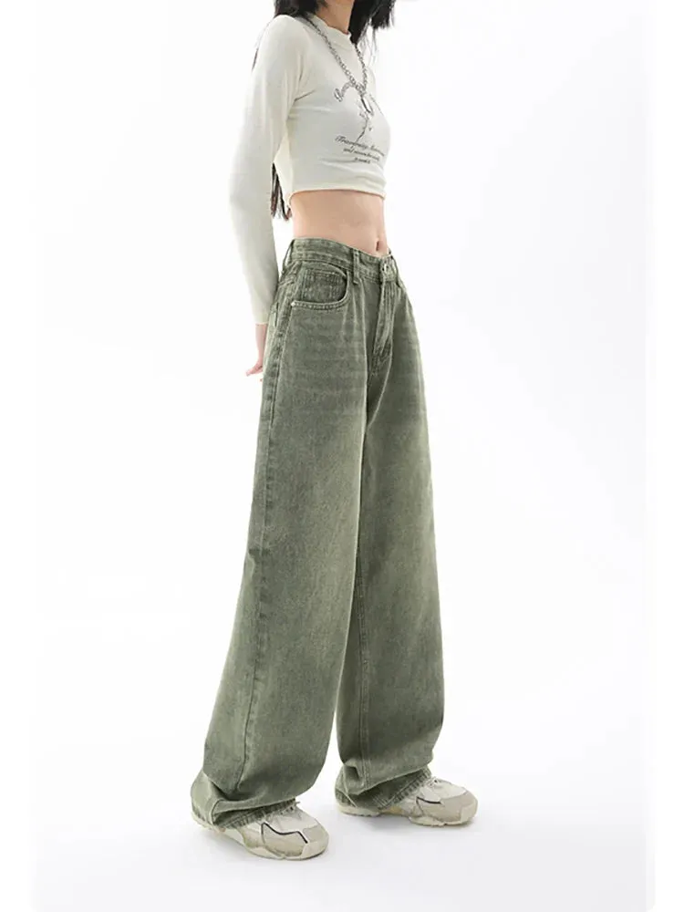 Green Y2K Casual Streetwear Wide Leg Denim Jeans for Women