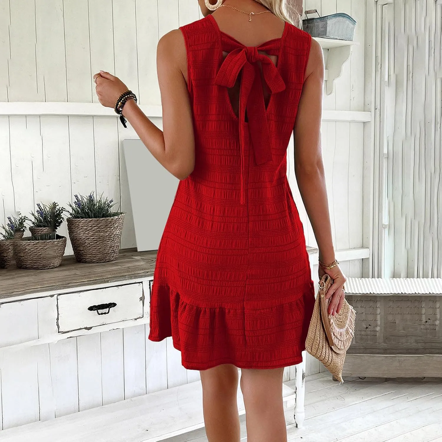 hlysgo A Line Dresses for Women 2025 Summer Sleeveless Crew Neck Mini Dress Casual Loose Fit Ruffled Hem Flowy Sundress