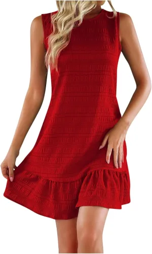 hlysgo A Line Dresses for Women 2025 Summer Sleeveless Crew Neck Mini Dress Casual Loose Fit Ruffled Hem Flowy Sundress