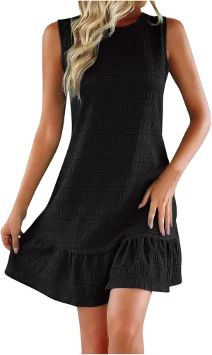 hlysgo A Line Dresses for Women 2025 Summer Sleeveless Crew Neck Mini Dress Casual Loose Fit Ruffled Hem Flowy Sundress