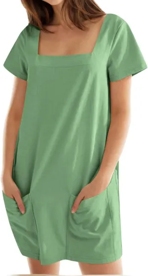 hlysgo Beach Dresses for Women 2025 Summer Short Sleeve Square Neck Casual Dress Solid Soft Comfy Mini Dress with Pockets