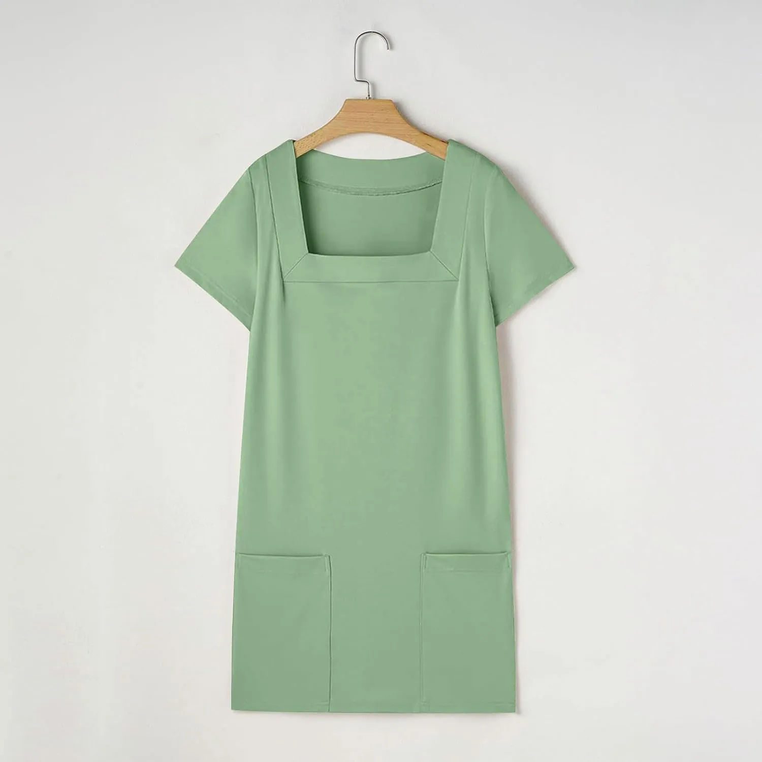 hlysgo Beach Dresses for Women 2025 Summer Short Sleeve Square Neck Casual Dress Solid Soft Comfy Mini Dress with Pockets