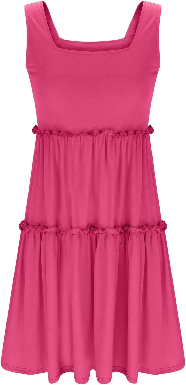 hlysgo Sundresses for Women Trendy Sleeveless Square Neck Tiered Mini Dress Casual Knee Length Beach Dresses Summer Clothes