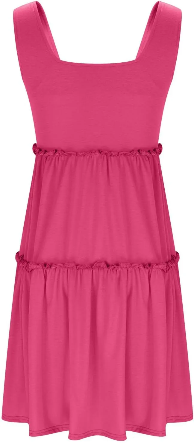 hlysgo Sundresses for Women Trendy Sleeveless Square Neck Tiered Mini Dress Casual Knee Length Beach Dresses Summer Clothes