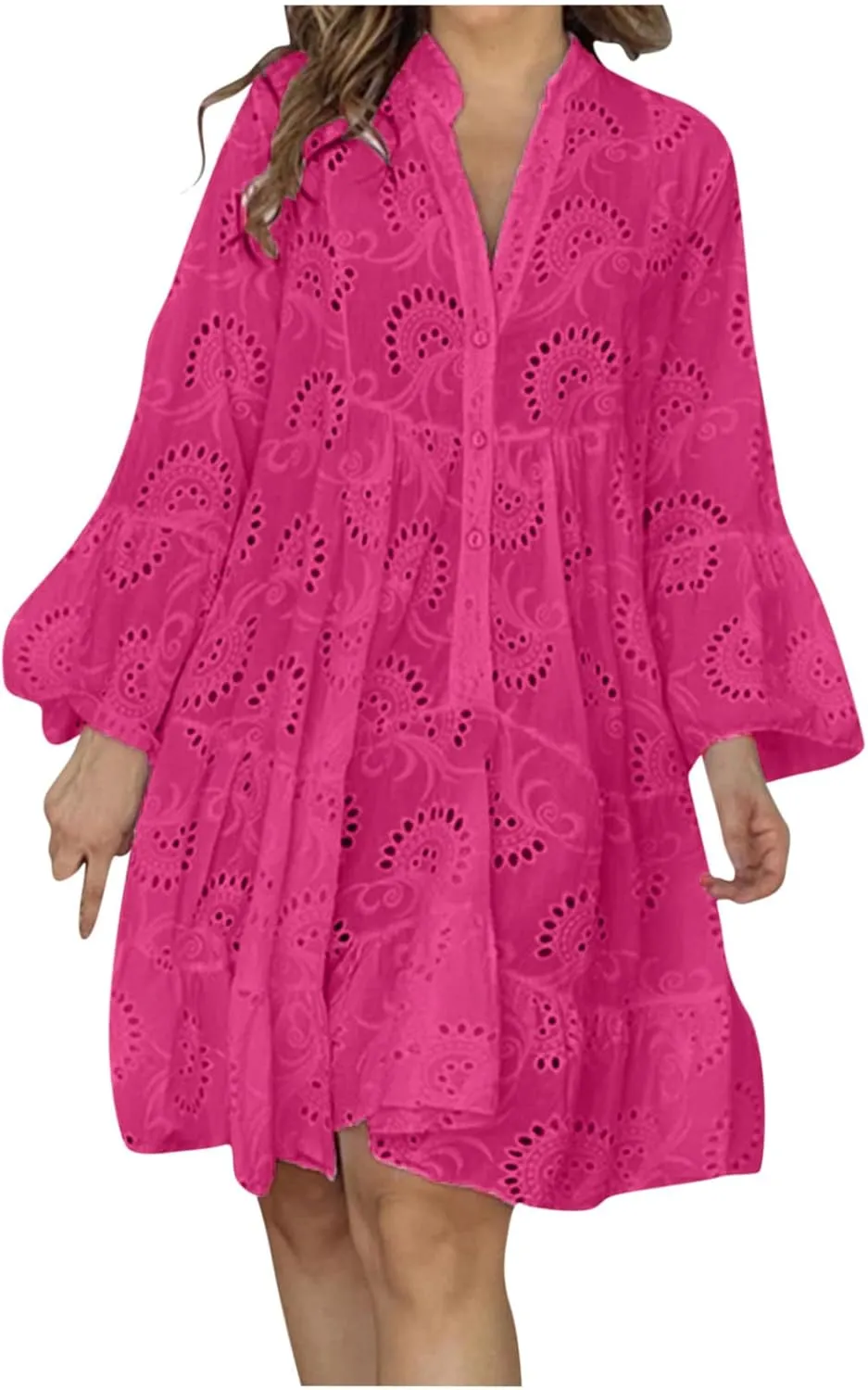hlysgo Women's 2025 Casual Dress Eyelet Embroidery Mini Dresses Summer V-Neck Long Sleeve Boho Flowy Swing Dress for Ladies