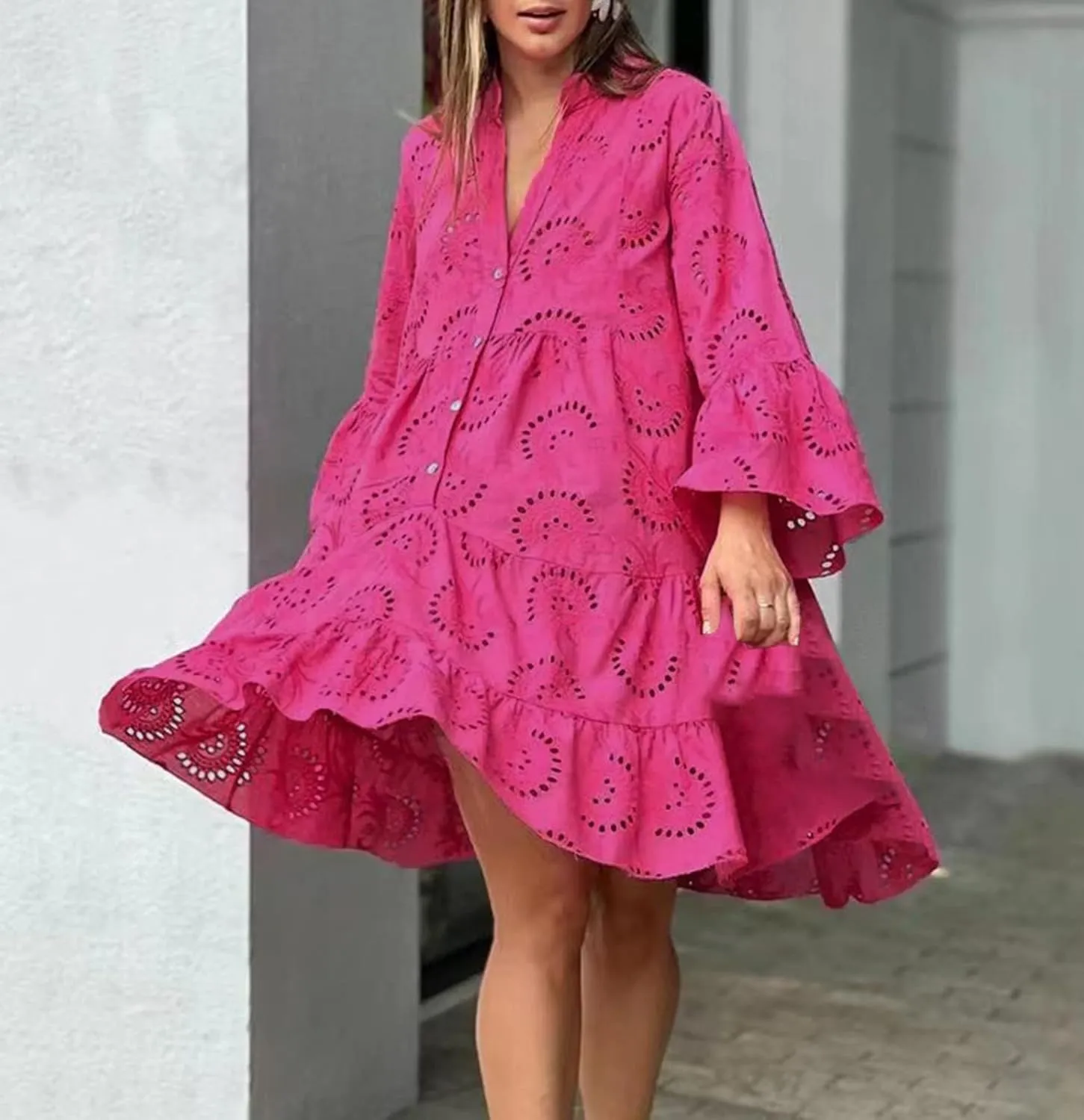 hlysgo Women's 2025 Casual Dress Eyelet Embroidery Mini Dresses Summer V-Neck Long Sleeve Boho Flowy Swing Dress for Ladies