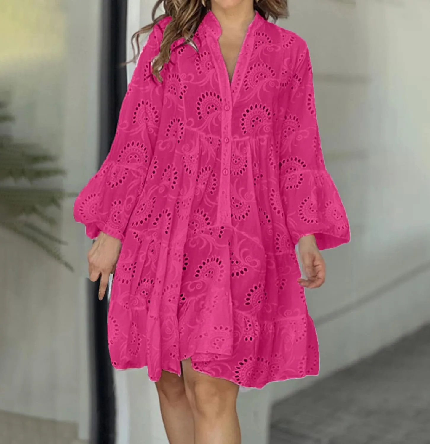 hlysgo Women's 2025 Casual Dress Eyelet Embroidery Mini Dresses Summer V-Neck Long Sleeve Boho Flowy Swing Dress for Ladies
