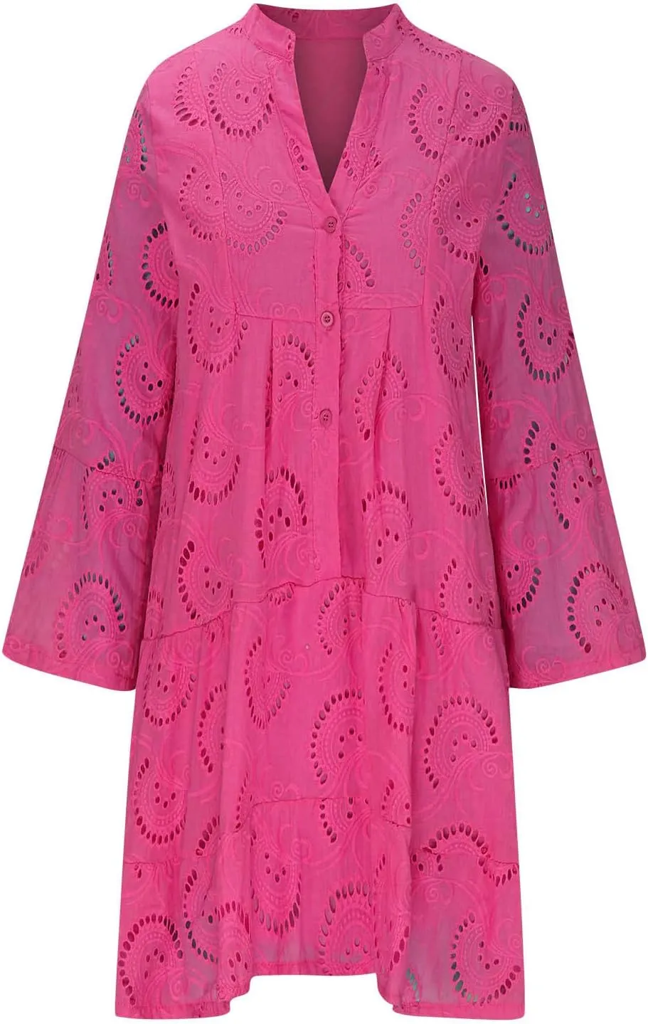 hlysgo Women's 2025 Casual Dress Eyelet Embroidery Mini Dresses Summer V-Neck Long Sleeve Boho Flowy Swing Dress for Ladies