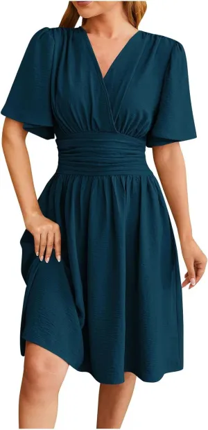 hlysgo Womens Mini Dress 2025 Summer Wrap V Neck Short Sleeve Knee Length Dresses Casual Loose Fit Beach Dress for Ladies