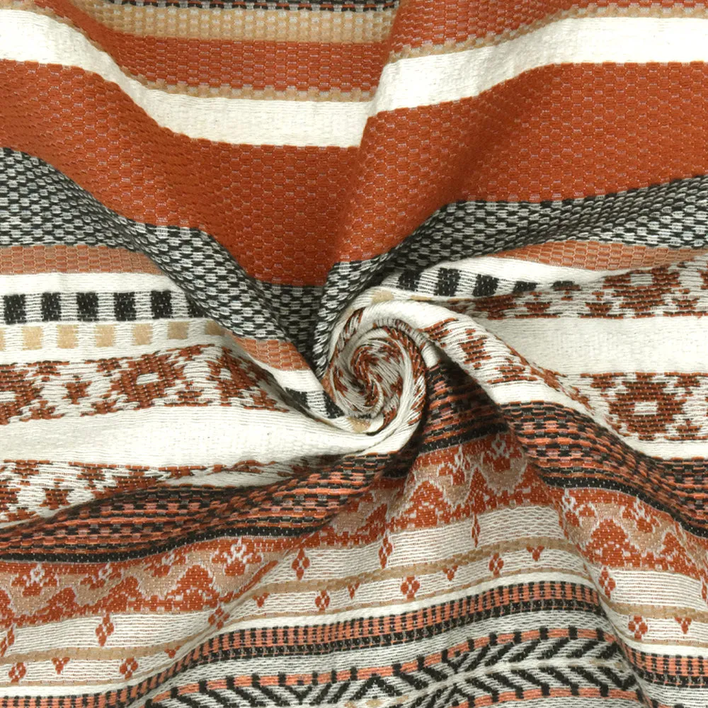 Ivory-Orange-Multi Aztec Stripe Jacquard Stretch Woven Fabric