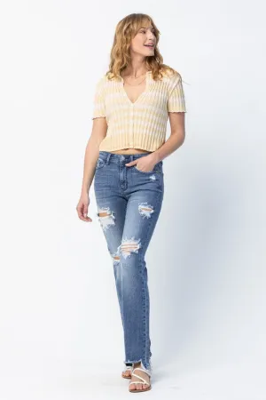 Judy Blue Mid Rise Destroyed Straight Leg Jean
