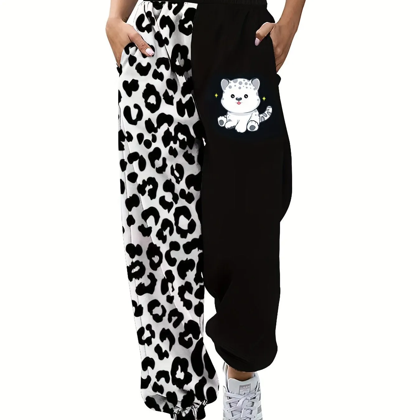 Leopard Print Jogger Sweatpants, Casual Slant Pockets Elastic Waist Pants For Fall & Winter, Women's Clothing