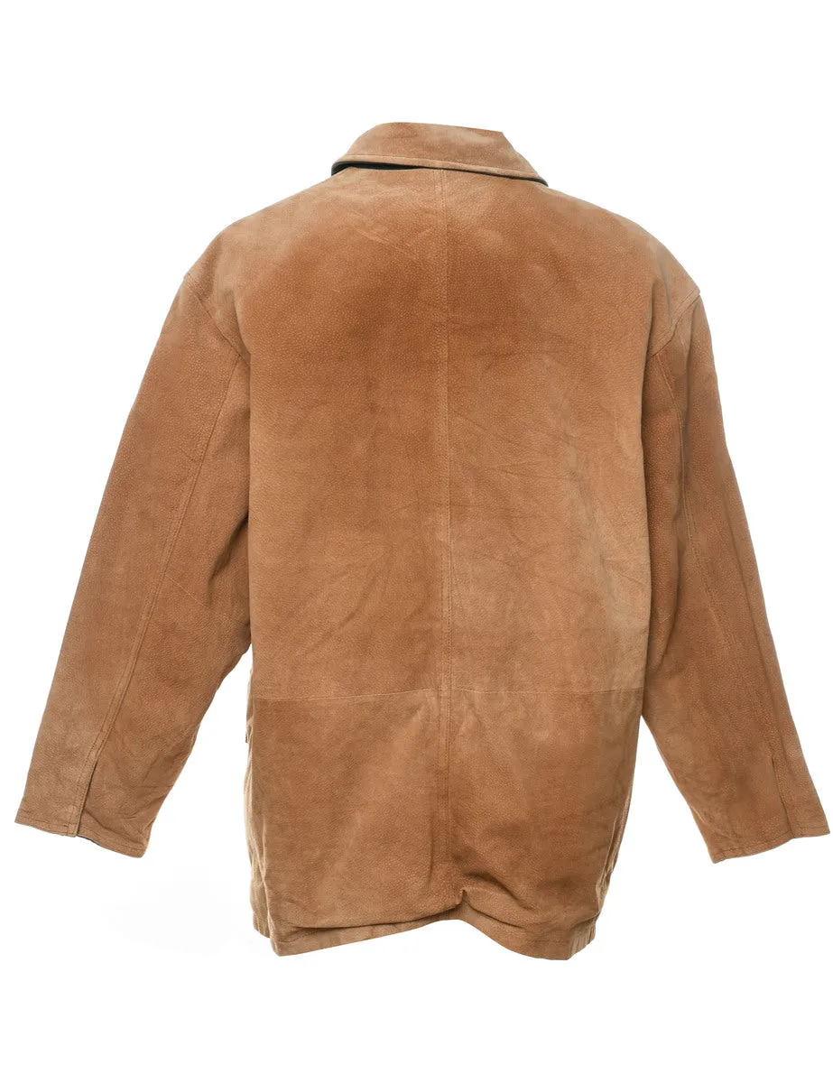 Light Brown Contrast Checked Lined Suede Jacket - M