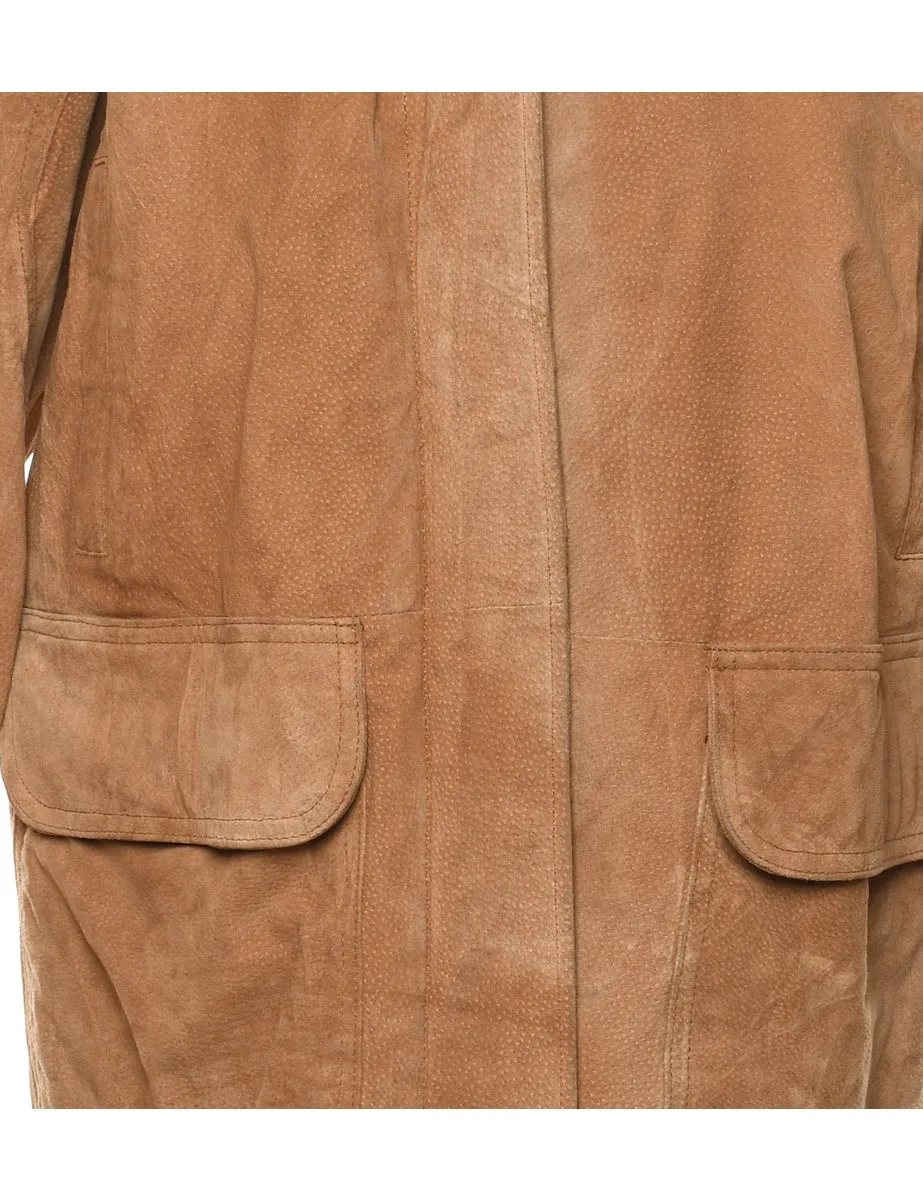 Light Brown Contrast Checked Lined Suede Jacket - M