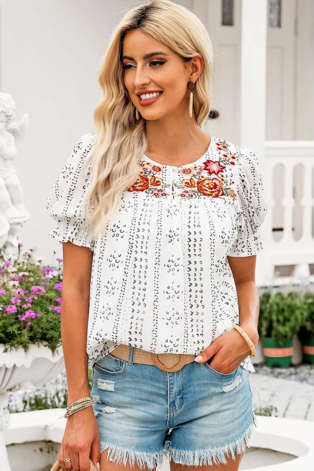 Living My Best Life Puff Sleeve Embroidered Blouse