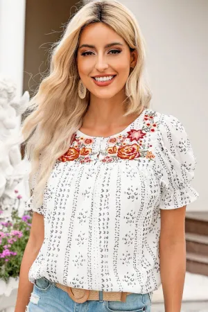 Living My Best Life Puff Sleeve Embroidered Blouse