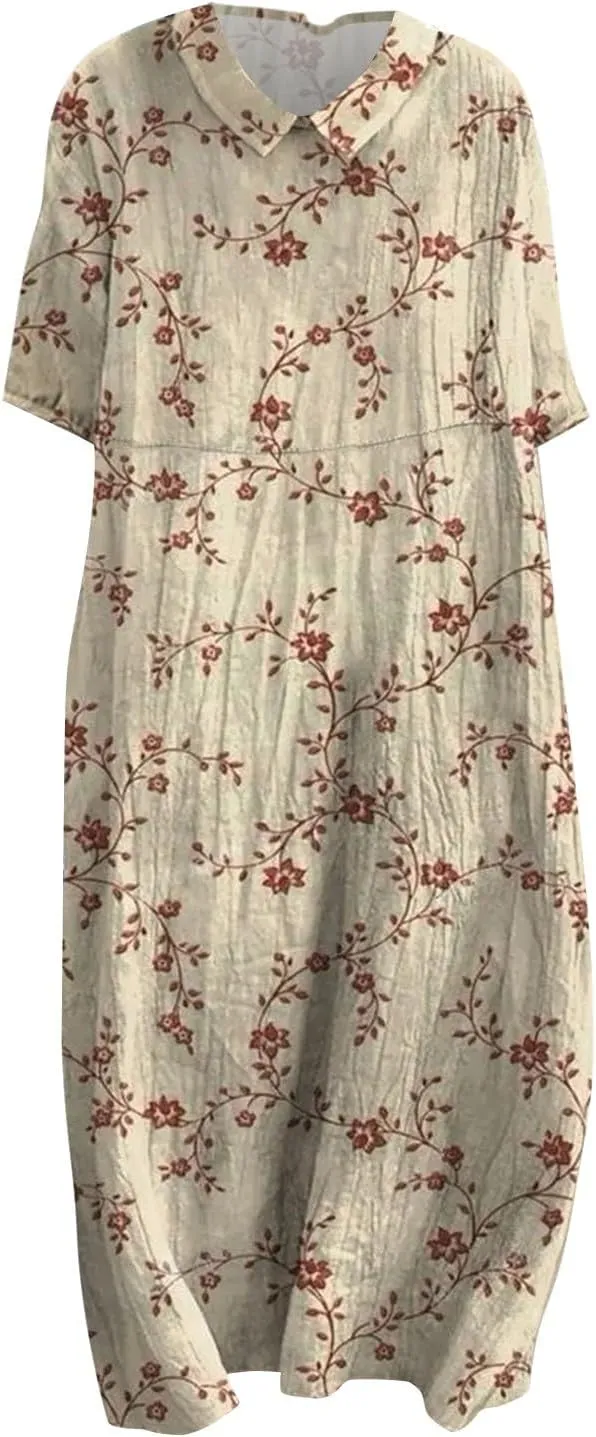 Loose Dress for Women, Retro Cute Printed Summer Sundress with Pockets Cotton Linen Plus Size Beach Casual Outfits