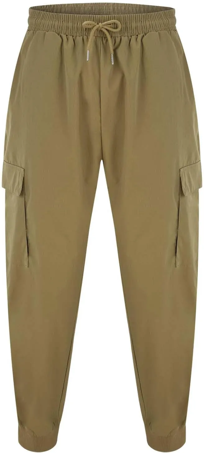 Mens Summer Yoga Pants Elastic Waist Ankle Length Cargo Pants with Multi Pockets Loose Fit Casual Cinch Bottom Trousers