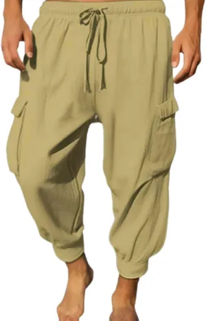 Mens Summer Yoga Pants Elastic Waist Ankle Length Cargo Pants with Multi Pockets Loose Fit Casual Cinch Bottom Trousers