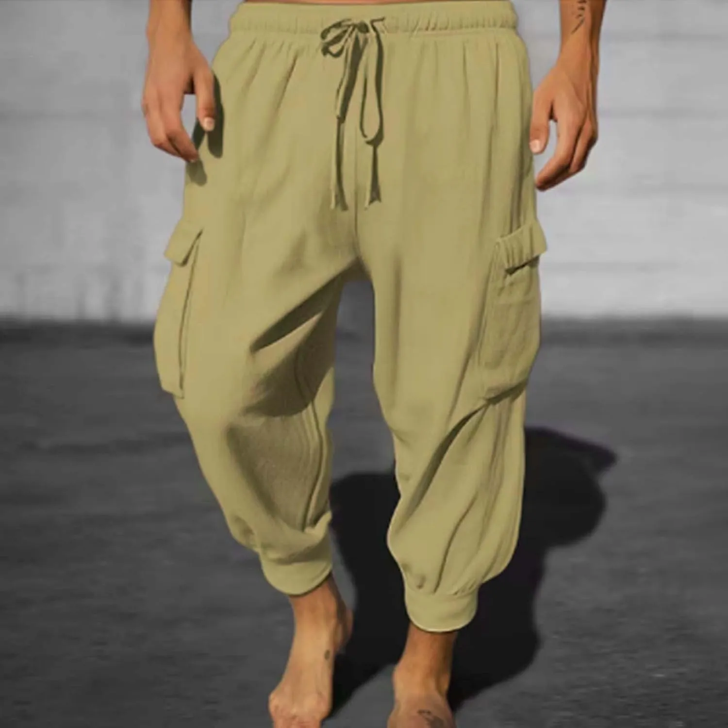 Mens Summer Yoga Pants Elastic Waist Ankle Length Cargo Pants with Multi Pockets Loose Fit Casual Cinch Bottom Trousers