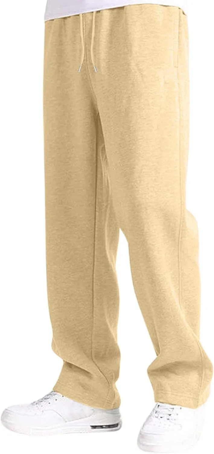 Mens Sweatpants Heavyweight Fleece Cargo Pants, Casual Stretch Elastic Waist Workout Jogger Wide Leg Drawstring Trousers