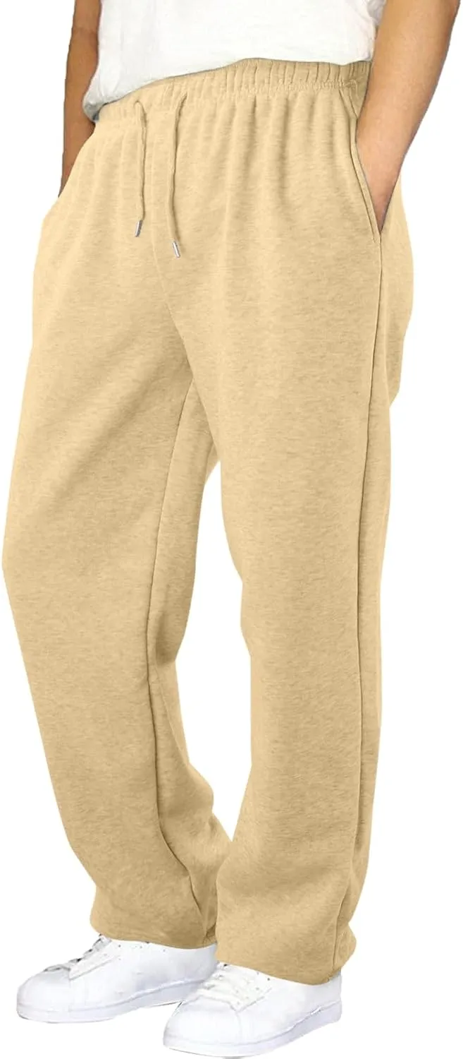 Mens Sweatpants Heavyweight Fleece Cargo Pants, Casual Stretch Elastic Waist Workout Jogger Wide Leg Drawstring Trousers