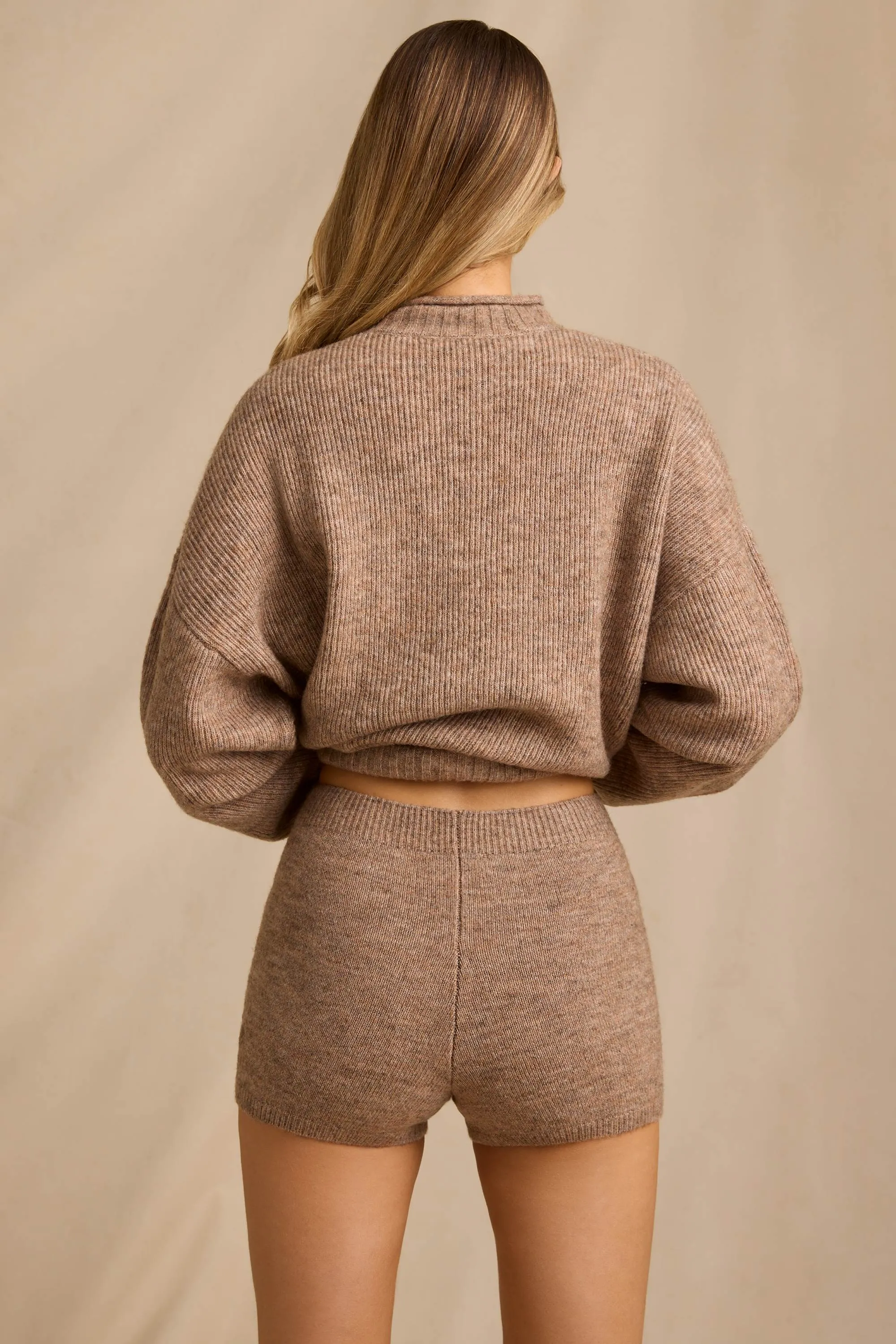 Mid-Rise Knit Mini Shorts in Brown Marl