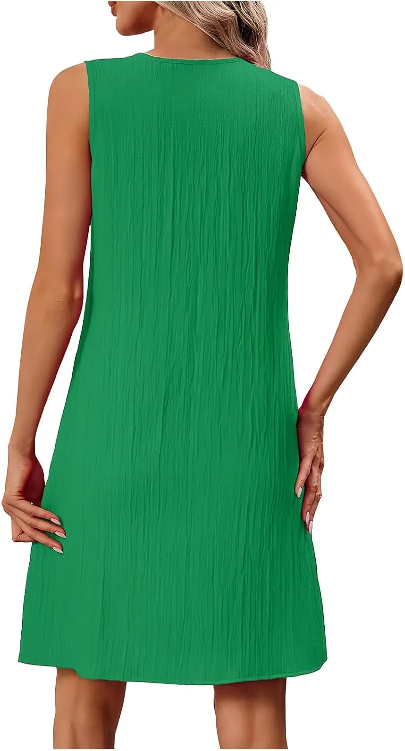 Mini Dress for Women 2025 Summer Notch V Neck Sleeveless Knee Length Dresses Casual Loose Fit A-Line Beach Sundress