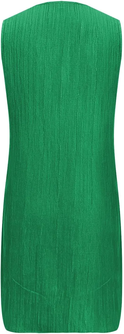 Mini Dress for Women 2025 Summer Notch V Neck Sleeveless Knee Length Dresses Casual Loose Fit A-Line Beach Sundress