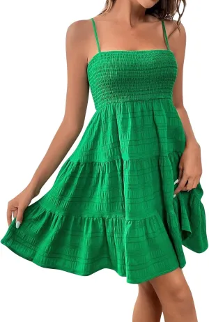 NBXNZWF Women Summer Dresses Square Neck Spaghetti Strap Dress Casual Sleeveless Ruched Bust A Line Tiered Beach Sundress