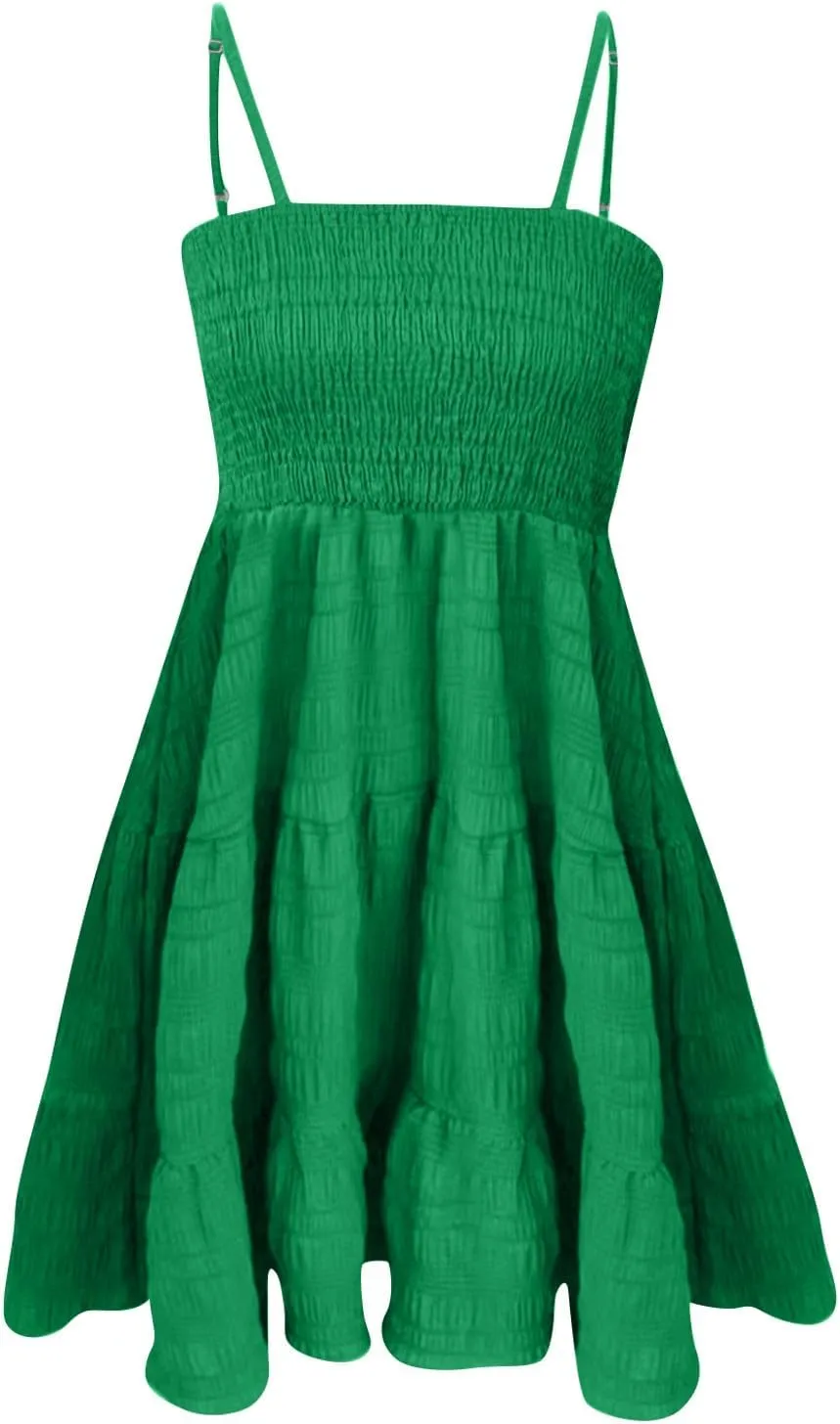 NBXNZWF Women Summer Dresses Square Neck Spaghetti Strap Dress Casual Sleeveless Ruched Bust A Line Tiered Beach Sundress