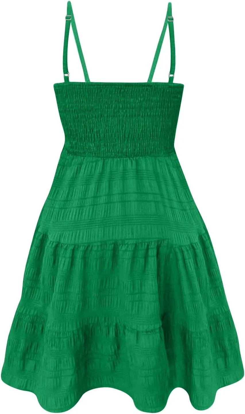 NBXNZWF Women Summer Dresses Square Neck Spaghetti Strap Dress Casual Sleeveless Ruched Bust A Line Tiered Beach Sundress