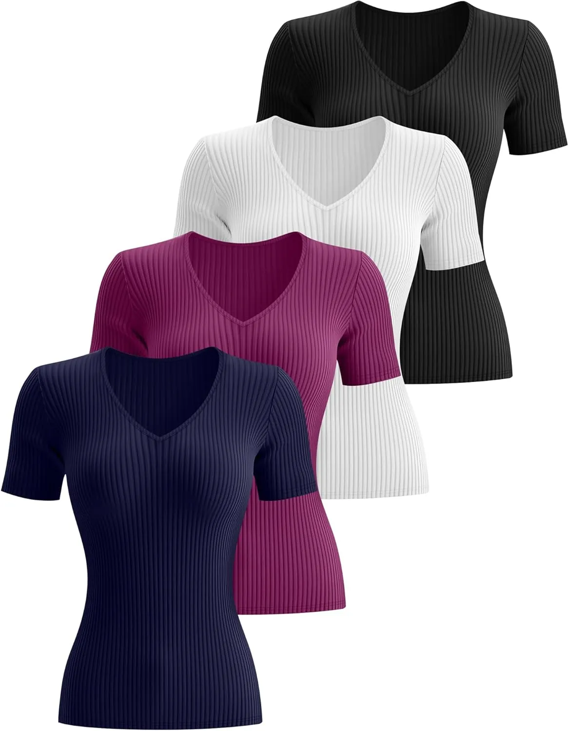 Neer 4 Pack Women's Cotton V Neck T-Shirts Short Sleeve Ribbed Slim Fit Tops Ladies' Casual Summer Basic Tee Multipack