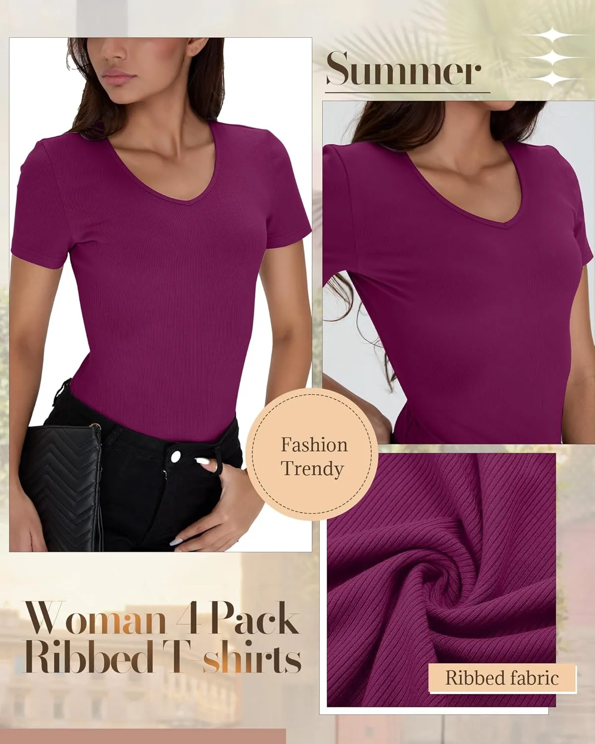Neer 4 Pack Women's Cotton V Neck T-Shirts Short Sleeve Ribbed Slim Fit Tops Ladies' Casual Summer Basic Tee Multipack