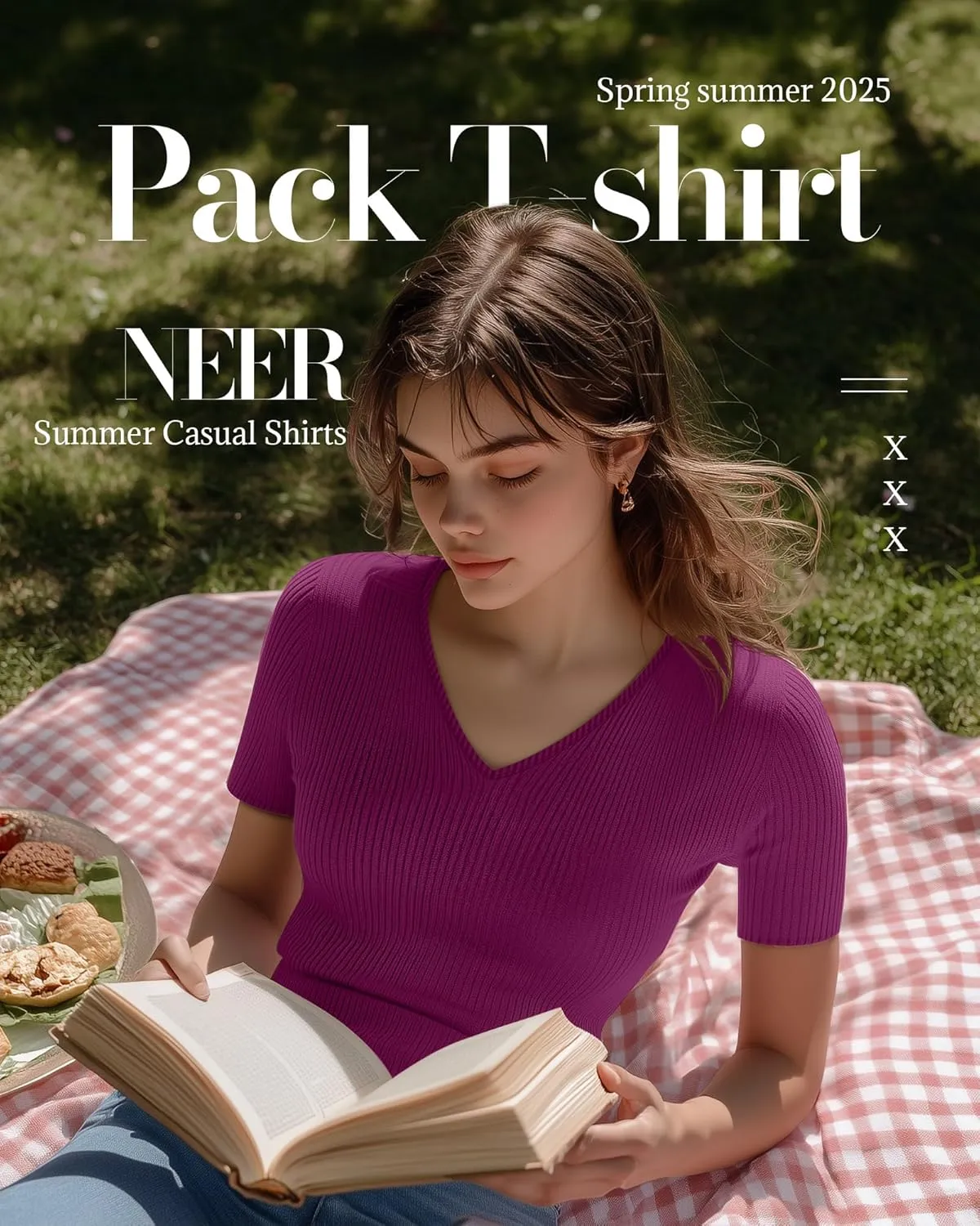 Neer 4 Pack Women's Cotton V Neck T-Shirts Short Sleeve Ribbed Slim Fit Tops Ladies' Casual Summer Basic Tee Multipack