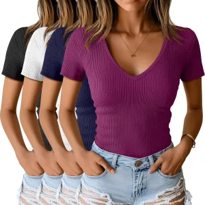 Neer 4 Pack Women's Cotton V Neck T-Shirts Short Sleeve Ribbed Slim Fit Tops Ladies' Casual Summer Basic Tee Multipack