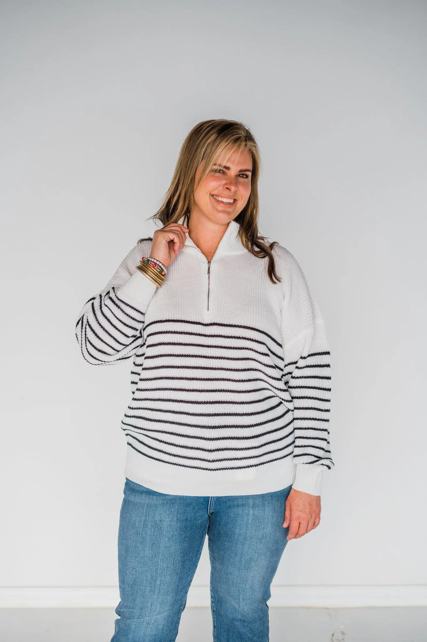 Pardon My French Striped 1/2 Zip Sweater
