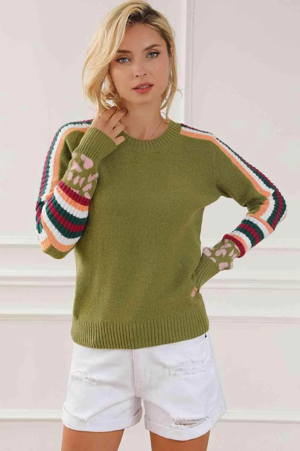 Round Neck Long Striped Sleeve Sweater