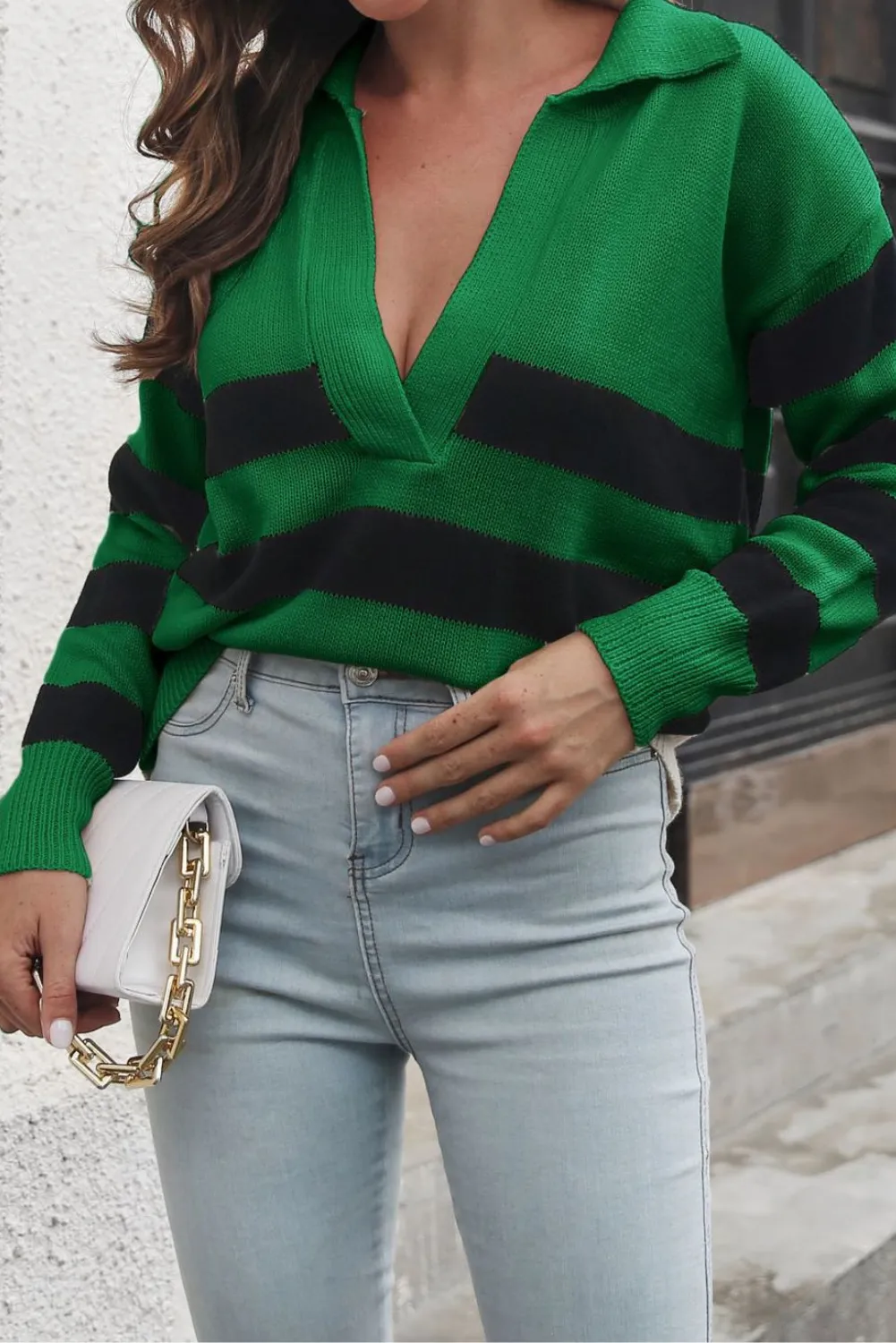 'Ruby' Deep V Collar Striped Sweater