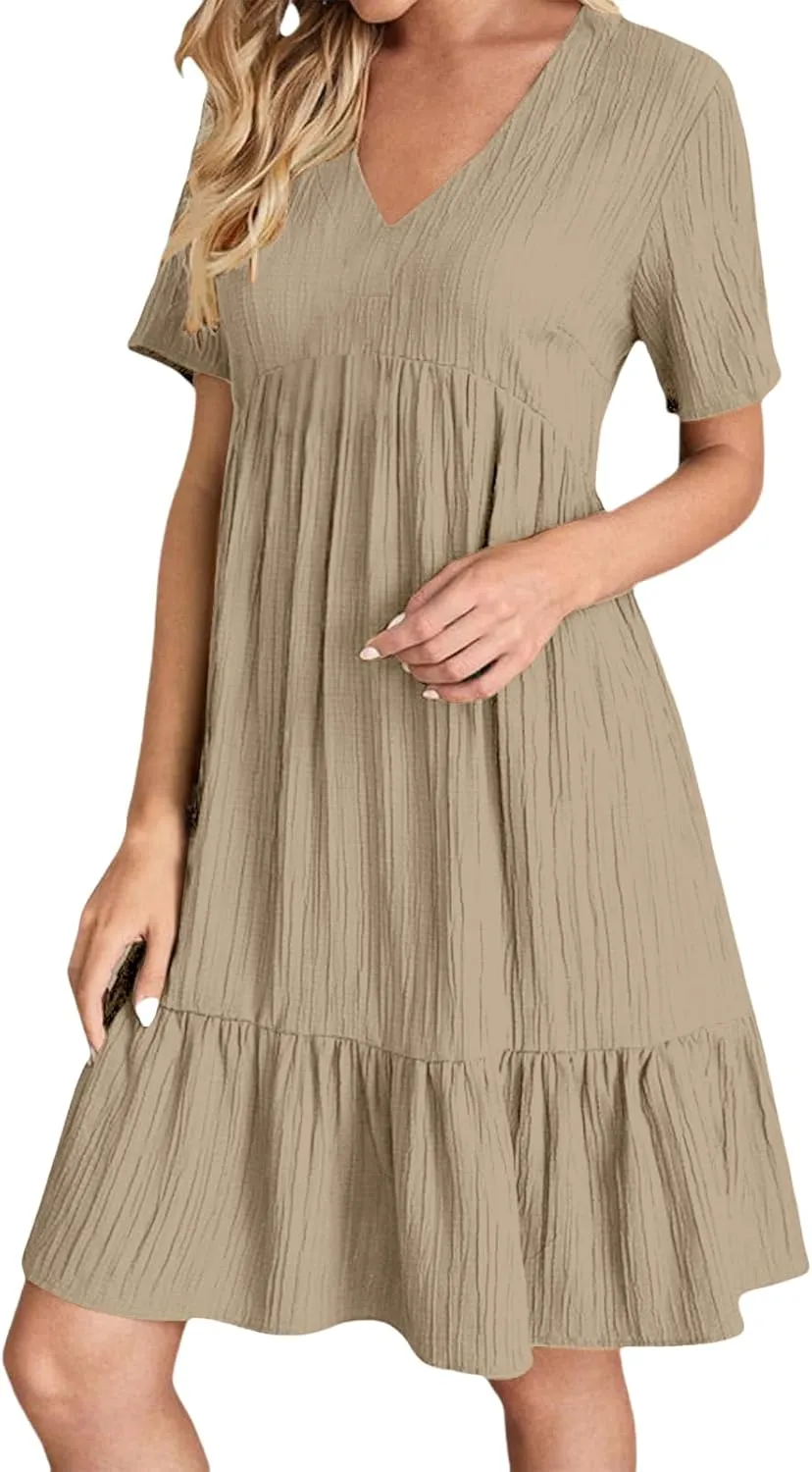 Short Dresses for Women Casual Summer Mini Dress V Neck Short Sleeve T Shirt Dress Tiered A Line Flowy Beach Sundress