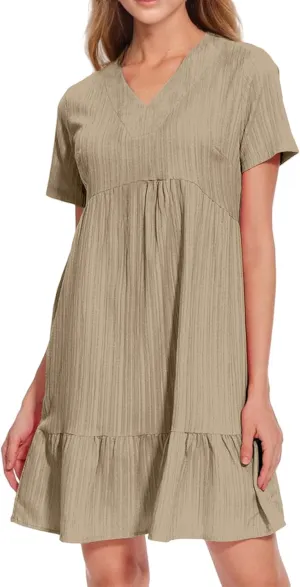 Short Dresses for Women Casual Summer Mini Dress V Neck Short Sleeve T Shirt Dress Tiered A Line Flowy Beach Sundress