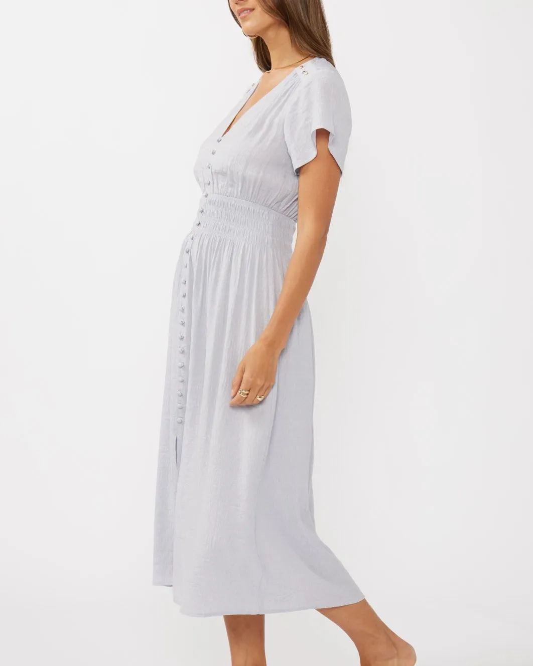 Smocked Waist Dress with Slit - Dove