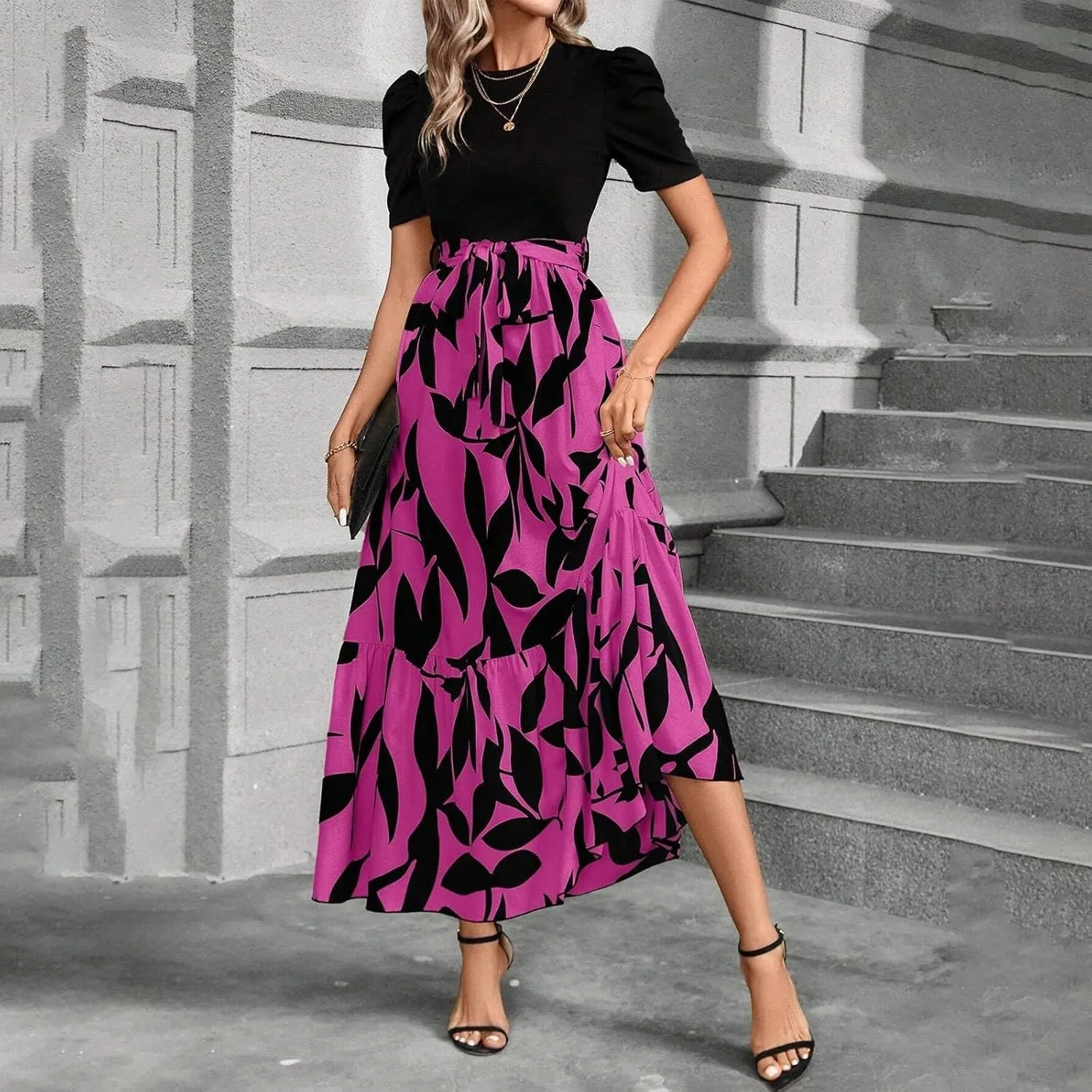 Summer Dresses for Women 2025 Puff Sleeve Empire Waist Flower Maxi Dress Elegant Tiered Long Dressy A Line Dress