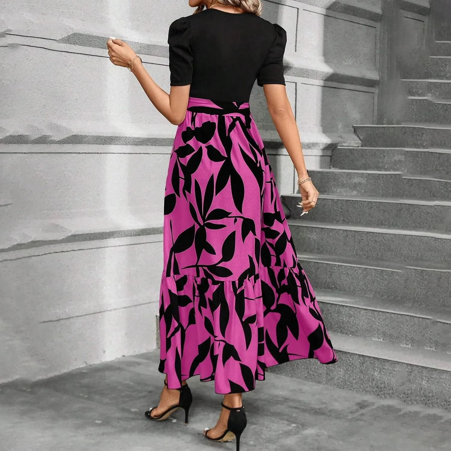 Summer Dresses for Women 2025 Puff Sleeve Empire Waist Flower Maxi Dress Elegant Tiered Long Dressy A Line Dress