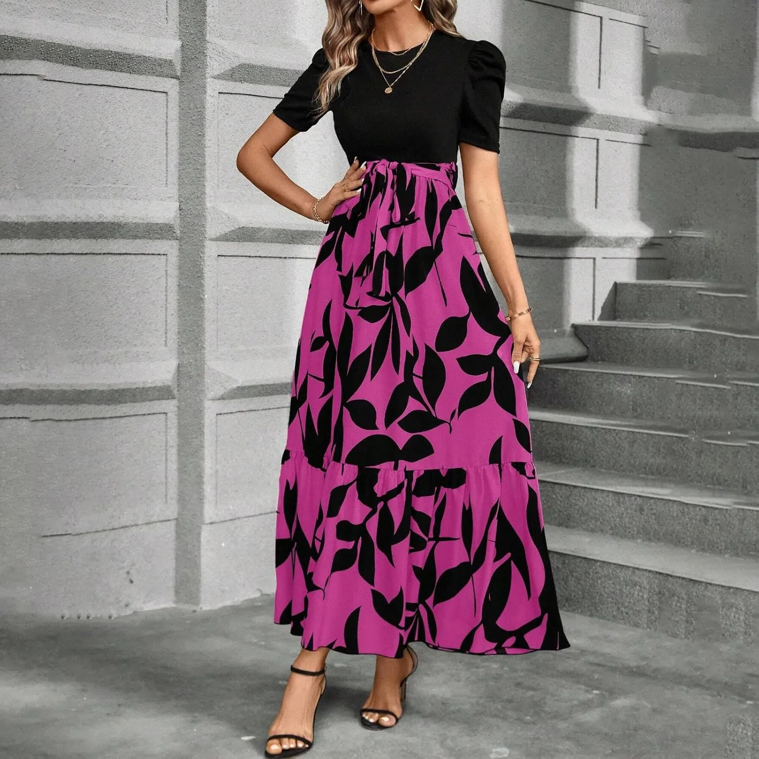 Summer Dresses for Women 2025 Puff Sleeve Empire Waist Flower Maxi Dress Elegant Tiered Long Dressy A Line Dress